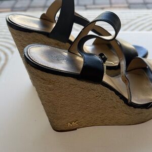 Michael Kors Black Leather Espadrille Wedge Sandals